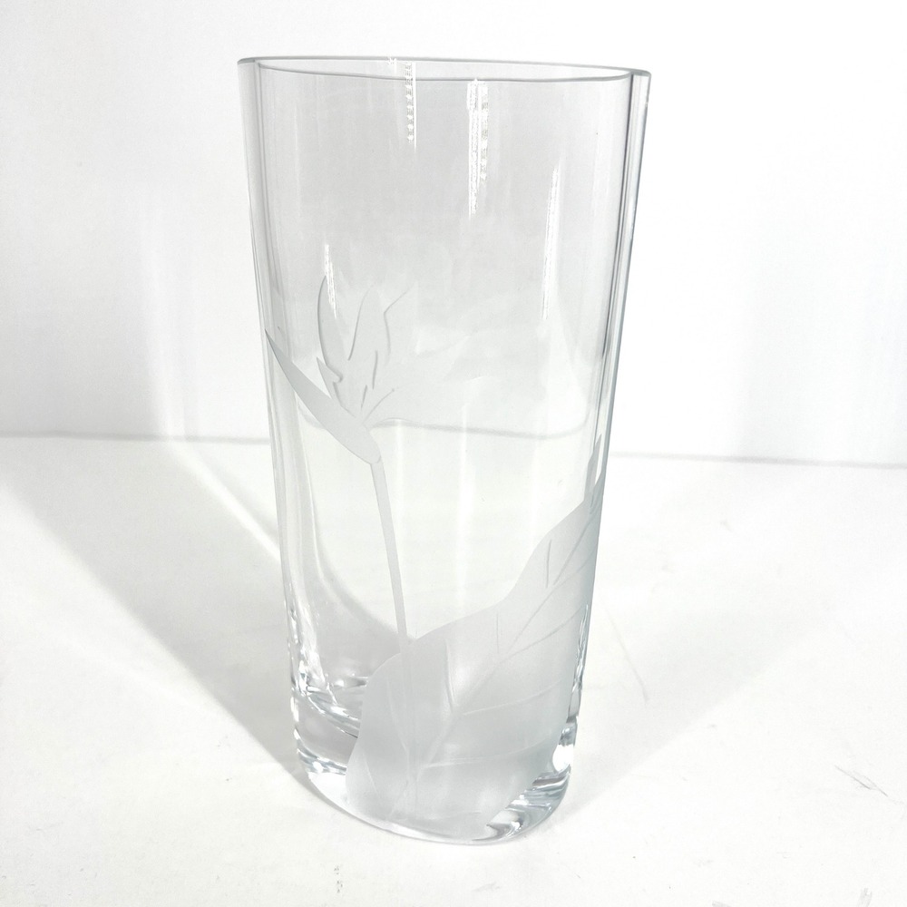 Mikasa Frosted Etched Bird of Paradise Clear Glass Oval Vase 9in Tropical Floral